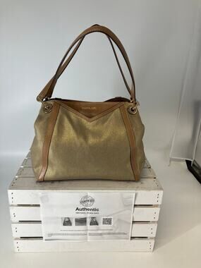 MICHAEL KORS, GOLD CANVAS, BROWN LEATHER TIM SHOULDER BAG